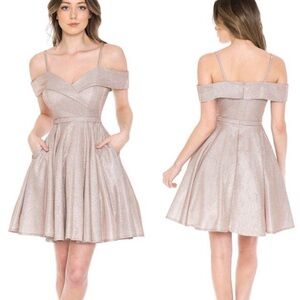 LENOVIA Blush Glitter A-Line Cold Shoulder Holiday Cocktail Dress Size M